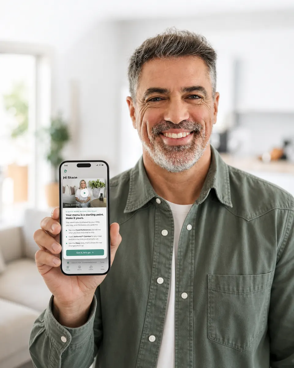 meforme™ campaign image of a person using the program on a phone