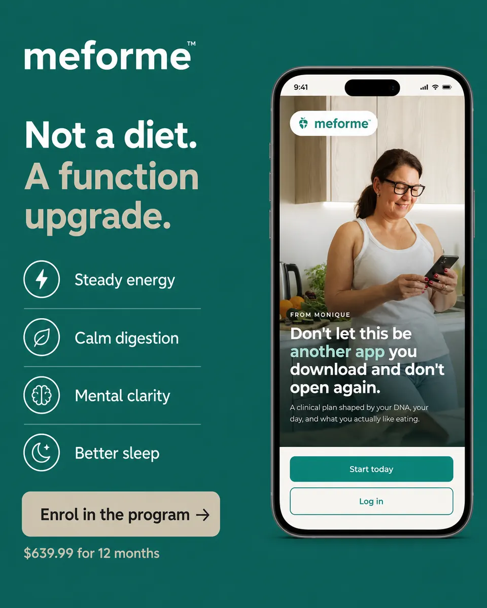 meforme™ campaign visual reading Not a diet. A function upgrade. beside a phone showing the program